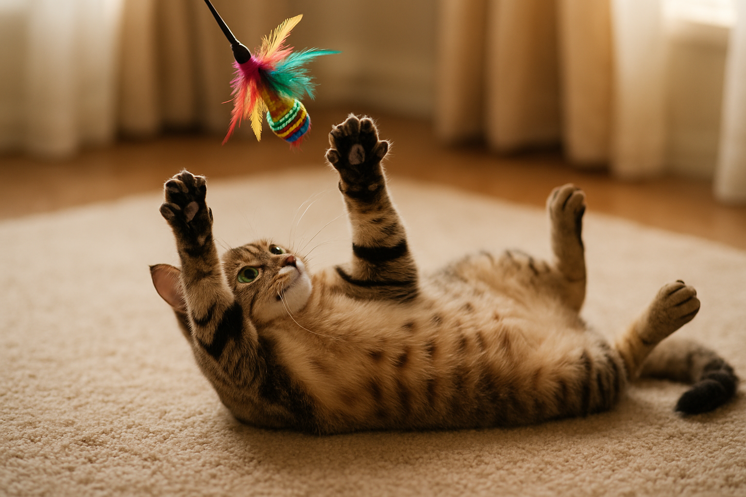 Generate a cat on his back playing with a cat toy